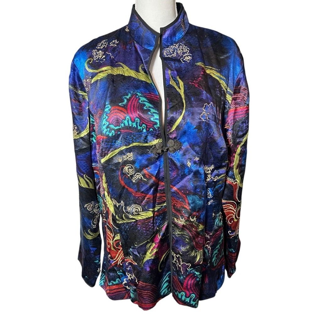 Chico’s Shanghai Dream Marzipan Silk Kimono Jacket Blue Sz‎ 3 XL Jewel Tones NWT